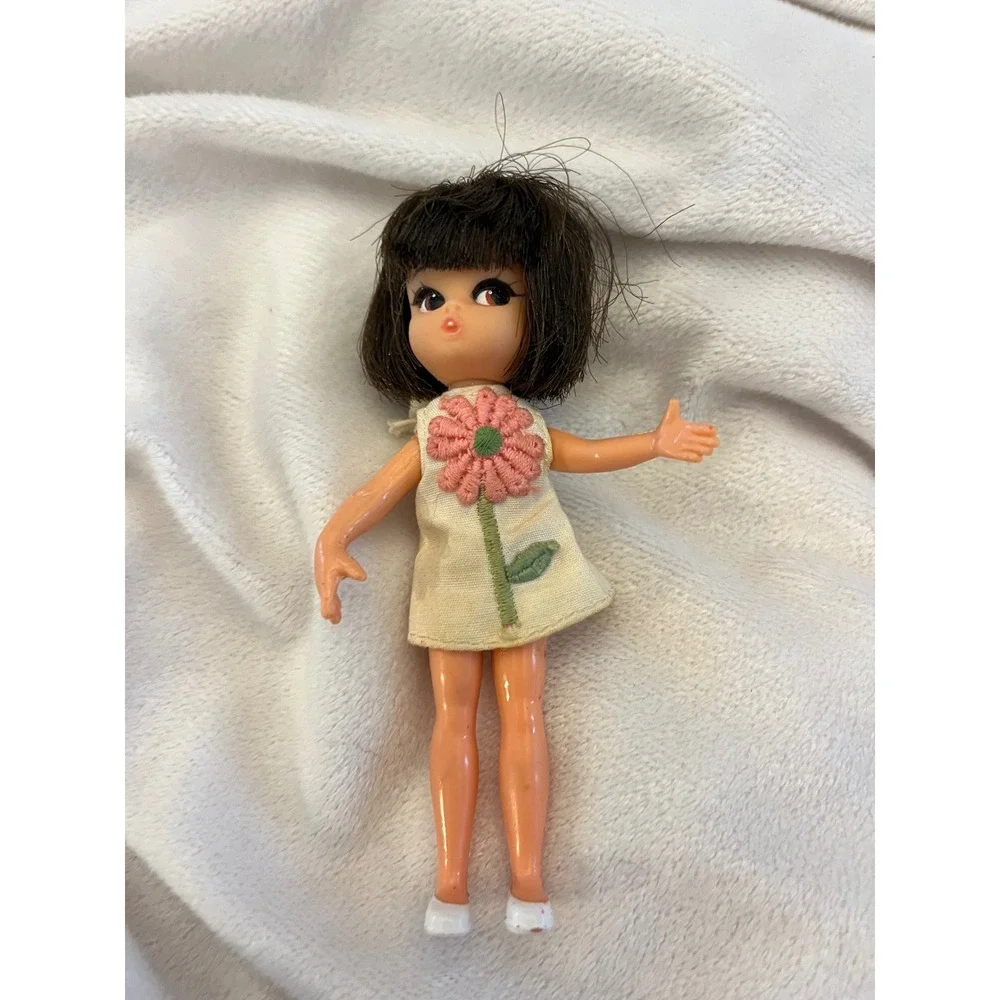 Vintage Hasbro Dolly Darling Doll Brunette Flower Dress Mod Miniature 1960s Toy